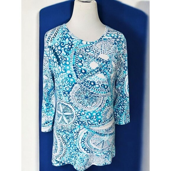 Cape Madras Womens Quarter Sleeve Stretch Blue White Patterned Tunic Top Small - Picture 7 of 8